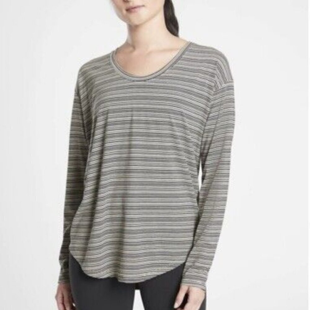 Athleta Women's 1X Cloudlight Stratus Striped Top Long Sleeve Black White Grey